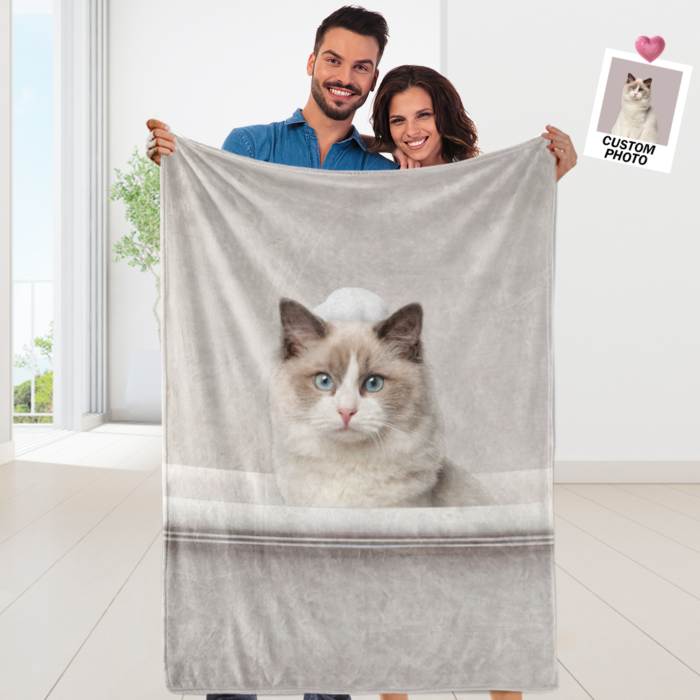 Personalized Photo Blanket Custom Cat in Bathtub Funny Blanket for Sofa Bed MadeMine Custom