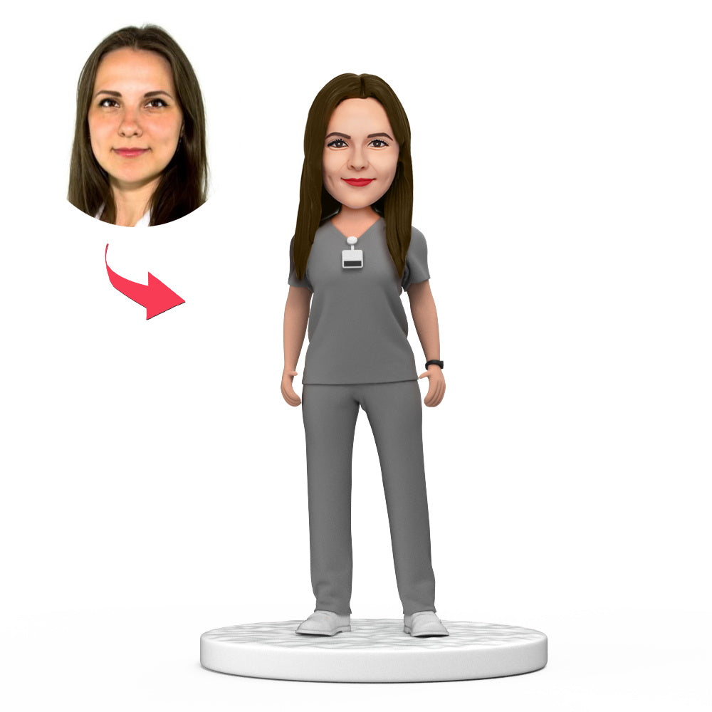 Custom Female Doctor Bobblehead in Grey Scrubs with Engraved Text