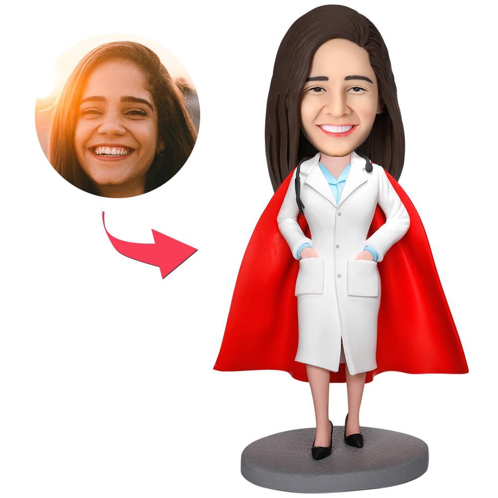 Lady Doctor Superman Cape Bobblehead - Medical Hero Gift