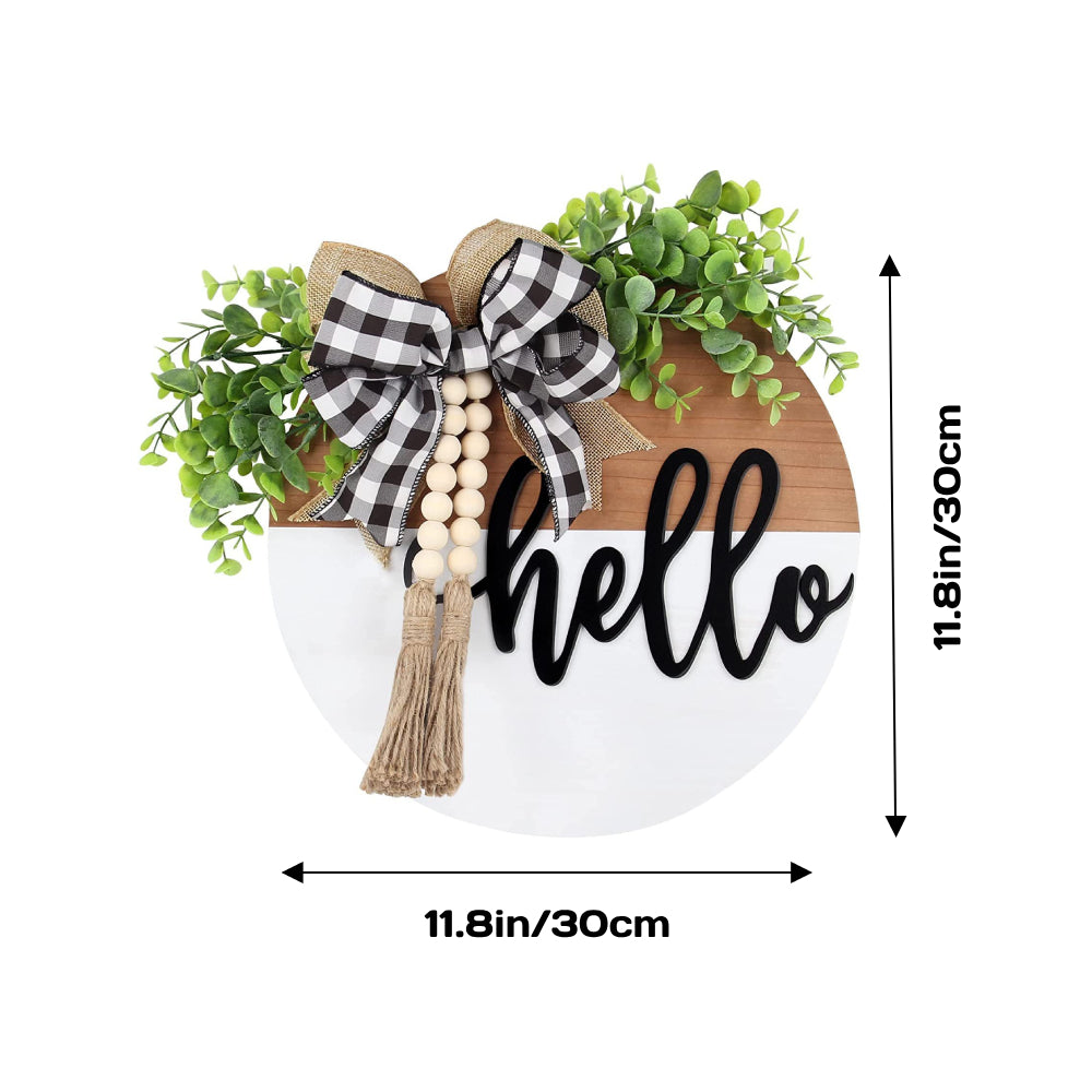 Baihui 13.8'' Farmhouse Welcome Sign Wreath - Wood Plaid Bow Boho Door Hanging For Porch, Spring & Summer