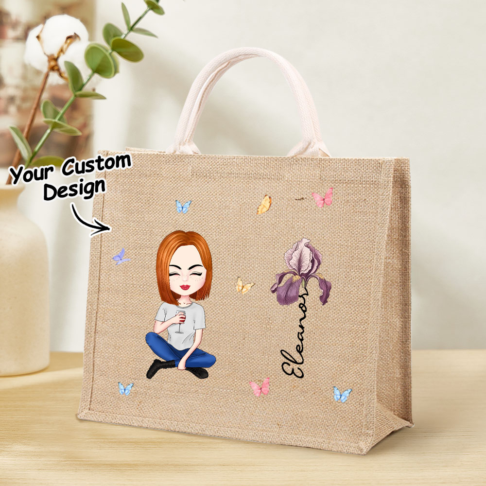 Personalized Cartoon Women Girl Birth Flower Grandma's Garden Jute Tote ...