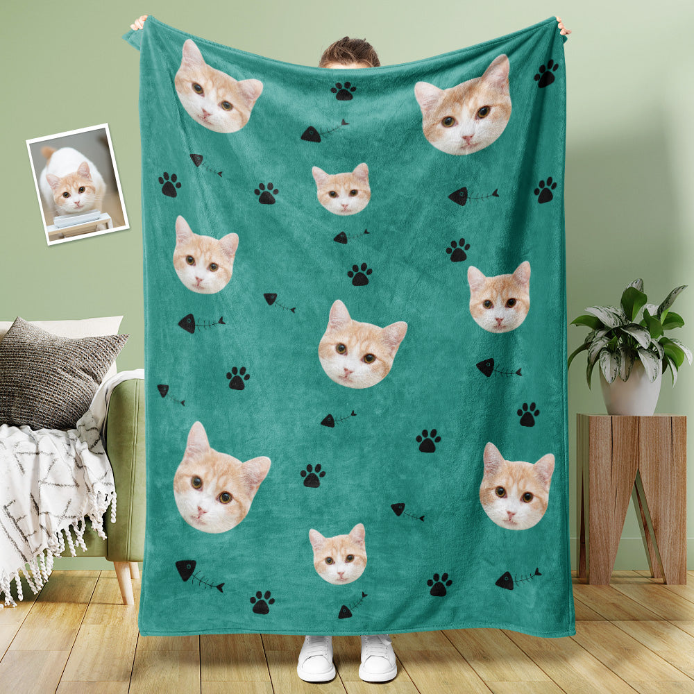 Custom Cat Face Blanket Cat Claws and Fish Spines Personalized Pet