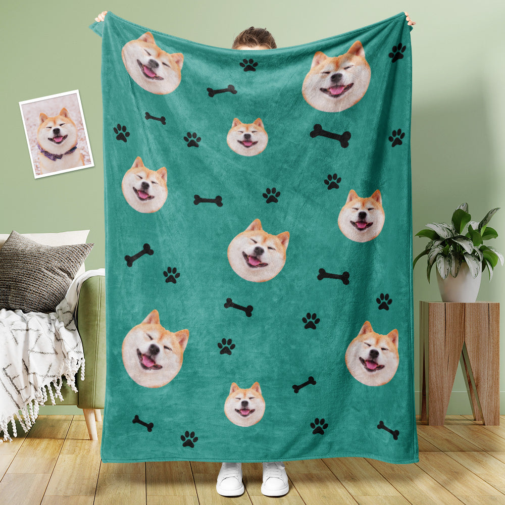 Custom Dog Face Blanket Dog Paws and Bones Spines Personalized Pet
