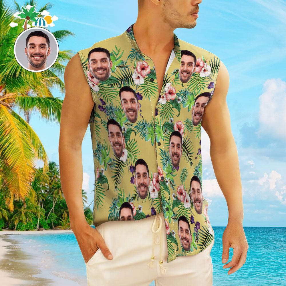Custom Face Men's Sleeveless Hawaiian Shirts Personalized Yellow