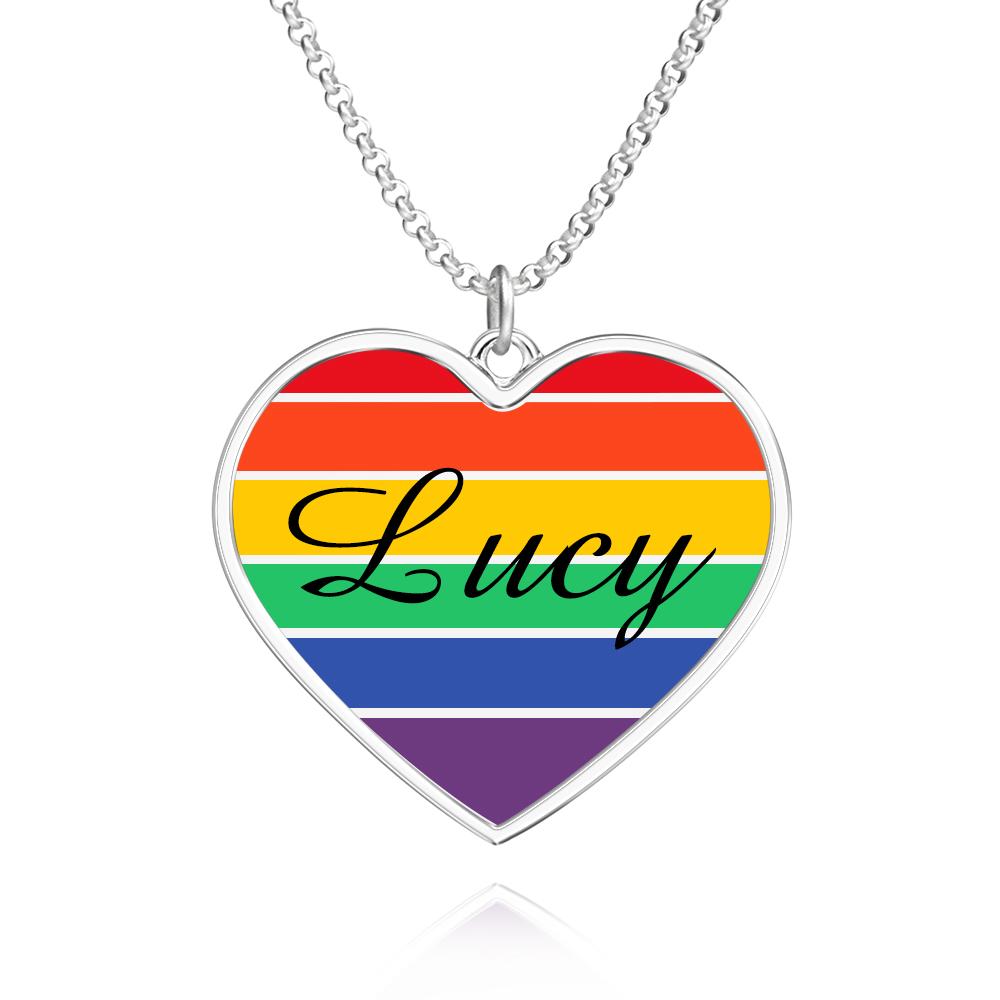 Customized Lgbt Necklaces Silver Rainbow Love Heart Triangle Pendant