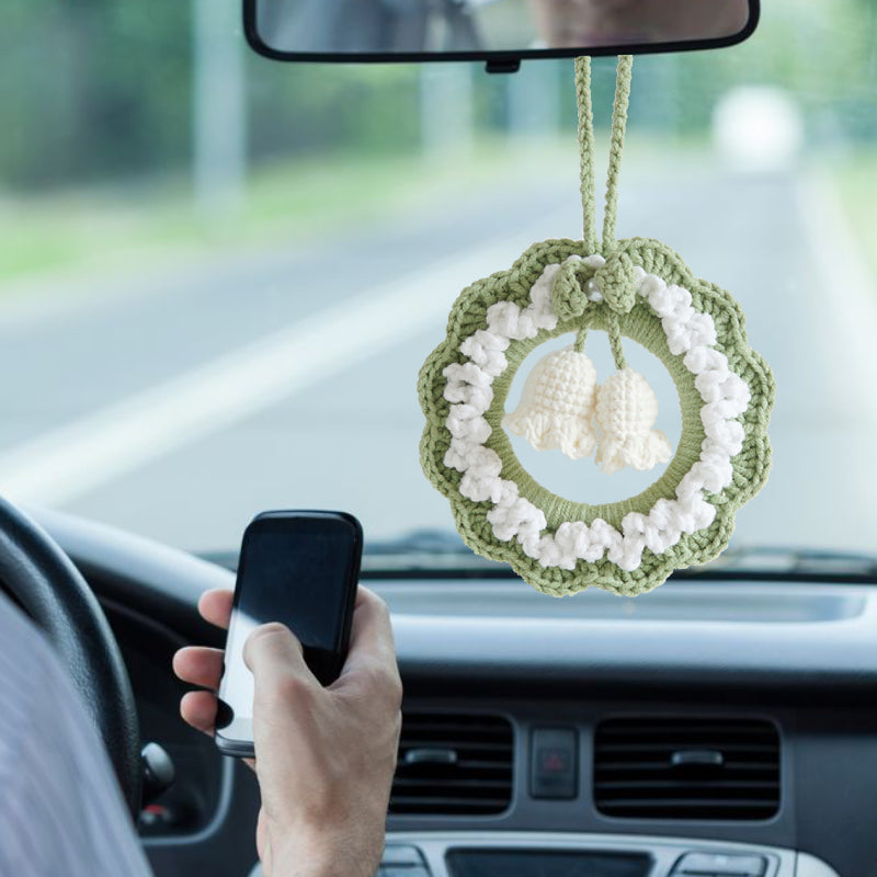 Crochet Flower Car Mirror Hanging Plant Knitted Flowers Car Decor